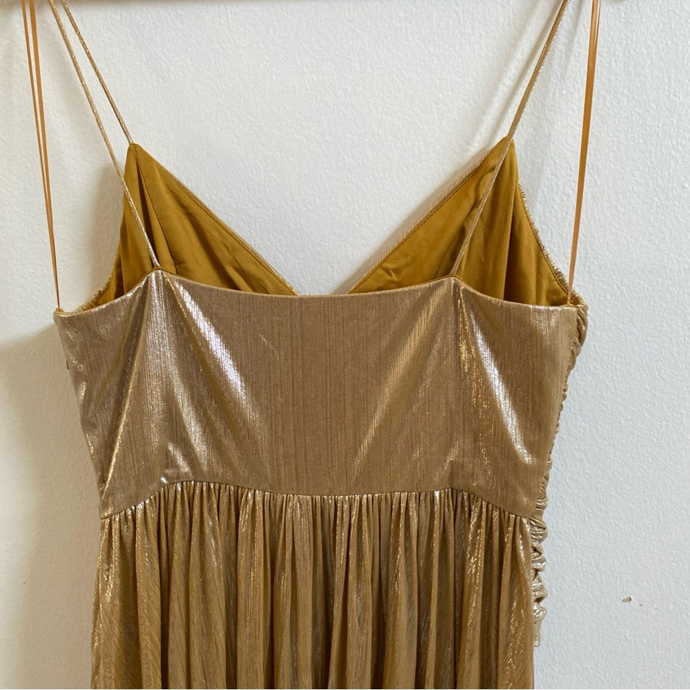 Retrofete Doss Dress Gold Metallic Ruched V-Neck Gown with Thigh Slit - Picture 8 of 10